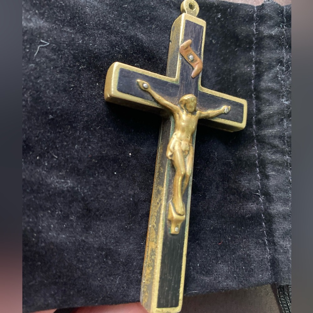 Vintage Religious reliquary Cross Pendant with gold wire wrapped gems,Red velvet